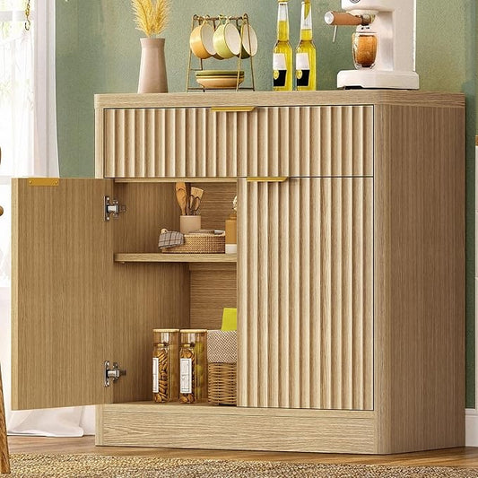 TEENFON 31.5" W Storage Cabinet with Drawer and Adjustable Shelf, Coffee Bar Cabinet, Fluted Sideboard Buffet Cabinet with 2 Doors for Living Room, Kitchen, Entryway, Natural