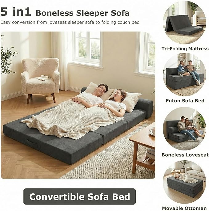 5-in-1 Convertible Sofa Bed, Boneless Loveseat, Tri-fold Futon Sofa Bed with Removable Cushions & Washable Cover, Pull Out Couch with Handle, for Small Spaces, Queen Size, Grey