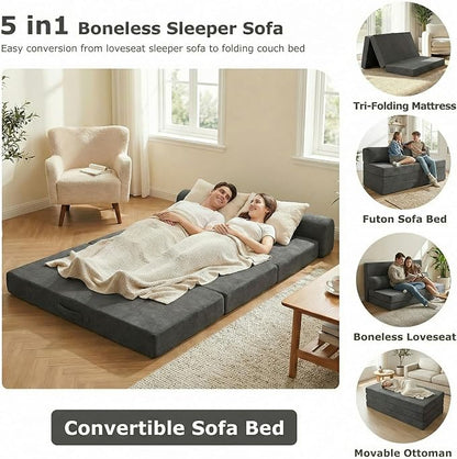 5-in-1 Convertible Sofa Bed, Boneless Loveseat with Removable Cushions & Washable Cover,Futon Sofa Bed with Handle, Pull Out Couch for Small Spaces, King Size, Grey