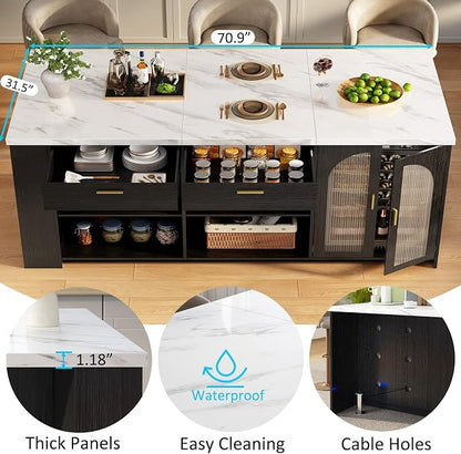 IBF 71" Large kitchen island with storage and seating, White Faux MarbleIsland Table with Drawers, Modern Stationary Island Cabinet & Fridge Space,Counter Height Island Bar for Dining Room, Black Base