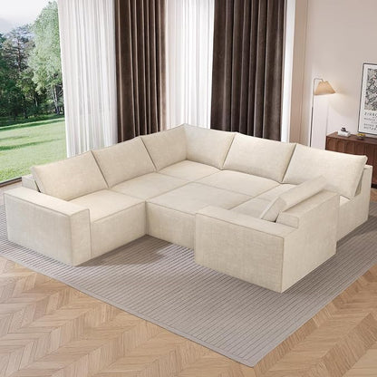 Vesgantti 143.7" Boneless Couch for Living Room, 6 Seater Modular Sectional Sofa with Ottoman & Deep Seat, Convertible Chenille Oversized Cloud Couches, No Assembly Required, Beige