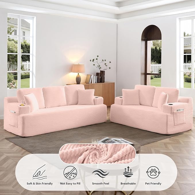 Boneless Sofa Couch Set with Cup Holders & Side Pockets, Modern Corduroy Fabric Upholstered 3-seat Couch & Loveseat Set with 4 Throw Pillows for Living Room, Office, No Assembly (Pink)