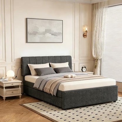 Full Size Upholstered Platform Bed with Pull-Out Trundle Bed | Twin Size Trundle, LED Lighting Controlled by APP, USB+Type-C Charging Ports, Linen Upholstered Bed Frame,Dark Grey