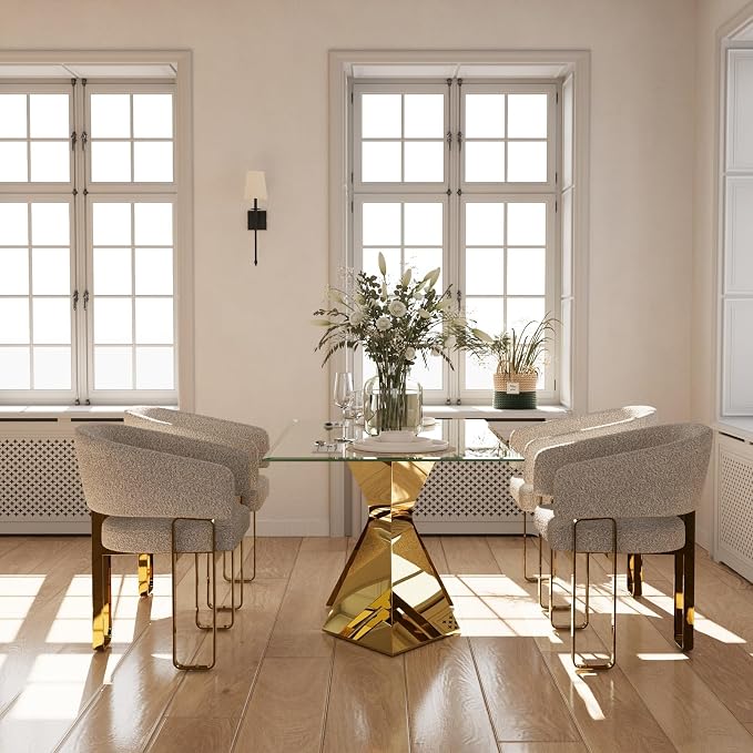 Dining Chairs, Off White Boucle Upholstered Kitchen & Dining Room Chairs with Armrest, U-Shaped Mirrored Gold Metal Legs,Set of 10