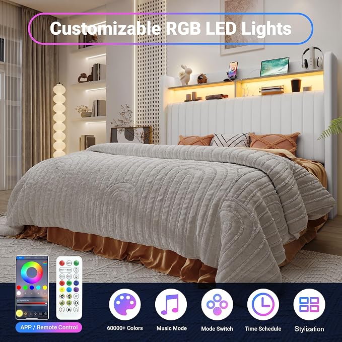 Allewie Full Size Lift Up Hydraulic Storage Bed Frame, 2-Tier Shelf Headboard with LED Lights and Charging Station, USB and Type C Ports, Wingback Velvet Headboard, No Box Spring Needed, White