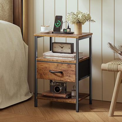 SUPERJARE Nightstand with Charging Station, Bed Side Table with Adjustable Fabric Drawer, Night Stand for Bedroom, 3-Tier Storage End Table, for Living Room, Rustic Brown
