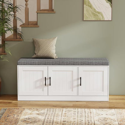 Turosur Shoe Storage Bench with Cabinet, 3-Tier Entryway Bench with Padded Seat Cushion, Shoe Cabinet Bench with 4 Adjustable Shelves for Bedroom, Mudroom, White
