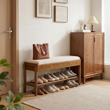 YEPDIN 2 Tier Shoe Rack Bench with Flip-Top Storage,39.3" Solid Wood Shoe Rack Bench with Chenille Cushion,for Entryway, Hallway,Living Room, Bedroom, Closet