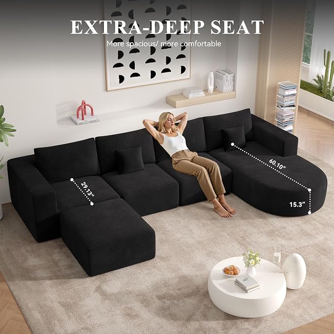 134" Boneless Couches for Living Room,Large U-Shaped Modular Sectional Sofa with Convertible Ottoman,Modern Cozy Cloud Couch in a Box,Sponge Compression Deep Seat Sofas with Chaise,Black,1pcs