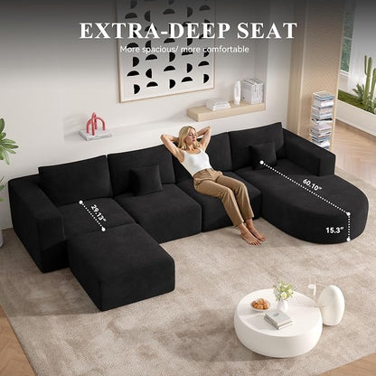 134" Boneless Couches for Living Room,Large U-Shaped Modular Sectional Sofa with Convertible Ottoman,Modern Cozy Cloud Couch in a Box,Sponge Compression Deep Seat Sofas with Chaise,Black,1pcs