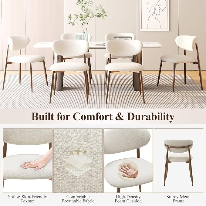 MALOL Upholstered Dining Chairs Set of 6, Curved Back Kitchen Chairs with Metal Legs and Anti Slip Pads, Dining Room Chair for Home and Restaurant, Beige