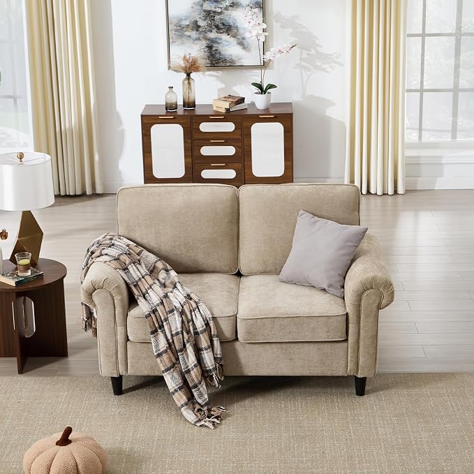 Kingfun Loveseat 2 Seater Couch, Mid Century Modern Chenille Sofa with Rolled Arms and Deep Seats, Fluffy Comfort for Living Room, Apartment, Easy Assembly, Khaki