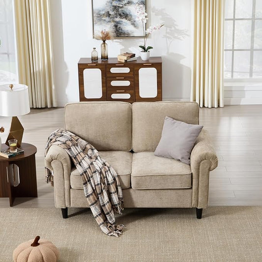 Kingfun Loveseat 2 Seater Couch, Mid Century Modern Chenille Sofa with Rolled Arms and Deep Seats, Fluffy Comfort for Living Room, Apartment, Easy Assembly, Khaki