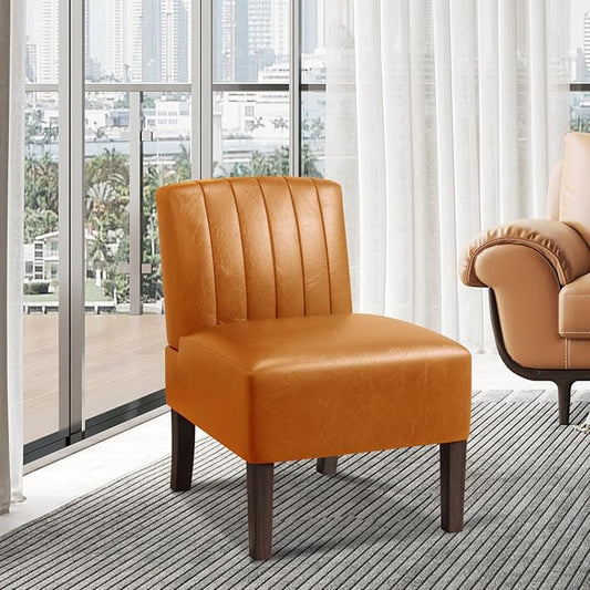 Armless Accent Chairs Upholstered Dining Chairs Living Room Chairs with Solid Wood Legs Leather Reading Chair for Adults Comfy Chair for Bedroom Vanity Kitchen (Brown)