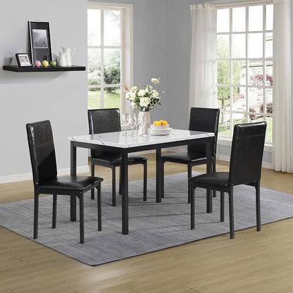 Roundhill Furniture 5 Piece Citico Metal Dinette Set with Laminated Faux Marble Top, White Table with Black Chairs
