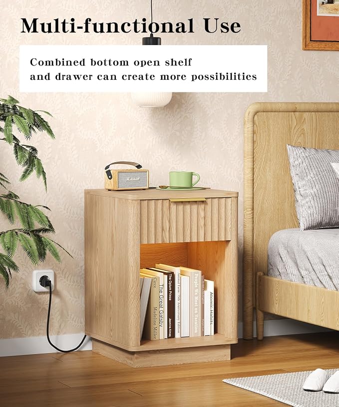 Akxomel Fluted Nightstands Set of 2, Wooden Night Stand with Charging Station and LED Light, Modern Mid Century Bed Side End Table with Drawer, 15" D x 15.7" W x 22.6" H, for Bedroom, Natural Oak