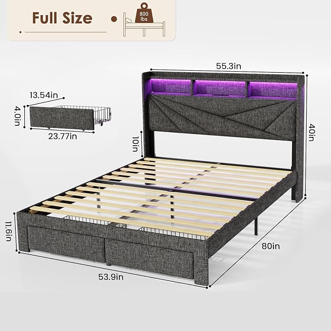 Driftalia Full Size Bed Frame with 2-Tier Storage Headboard, Upholstered Full Bed Frame with 2 Drawers, Charging Station and LED Lights, No Box Spring Needed, Easy Assembly - Dark Grey