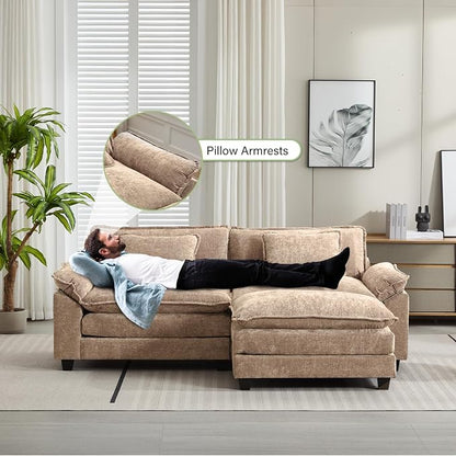 Oprisen 86" Modular Sectional Sofa, Comfy Cloud Couch Sectional Sofa with Ottoman, Chenille Sofa Sleeper Deep Seat Sofa with Throw Pillows for Living Room (Khaki, 86"- L Shape)