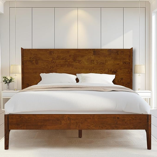 Acacia Haven King Size Bed Frame and Headboard, King Size Platform Bed Frame Scandinavian Wood Bed Compatible with All Mattress Types, 800 lbs Capacity Wood Slats Support, Walnut.