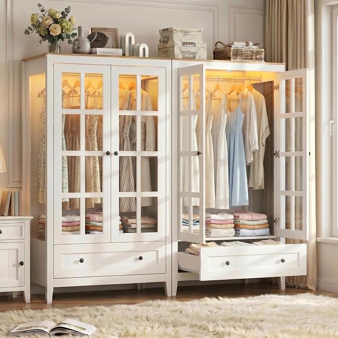 Loomie Armoire Wardrobe Closet with LED Lights, Bedroom Freestanding Armoire Display Cabinet with Glass Doors and Drawer, Large Clothing Storage Cabinets with Hanging Rod for Bedroom