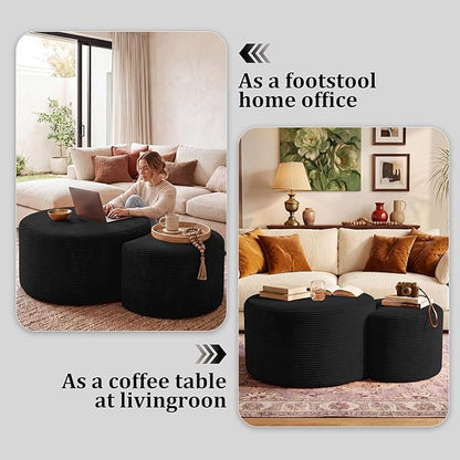 BSHOMGI Boneless Ottoman Nesting Coffee Table Set of 2,Corduroy Soft Foot Rest Movable Large Pouf Footstool for Living Room Sofa Couch Bedroom Entryway and Small Spaces No Assembly (Black)