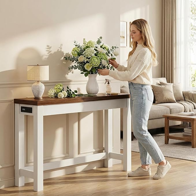Cyclysio 47" Console Table with Charging Station, 13.8" Deep Farmhouse Sofa Table Behind Couch with 2 AC Outlets & 3 USB Ports, Entryway TV Console or Compact Home Office Desk, Rustic Oak