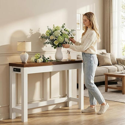 Cyclysio 47" Console Table with Charging Station, 13.8" Deep Farmhouse Sofa Table Behind Couch with 2 AC Outlets & 3 USB Ports, Entryway TV Console or Compact Home Office Desk, Rustic Oak