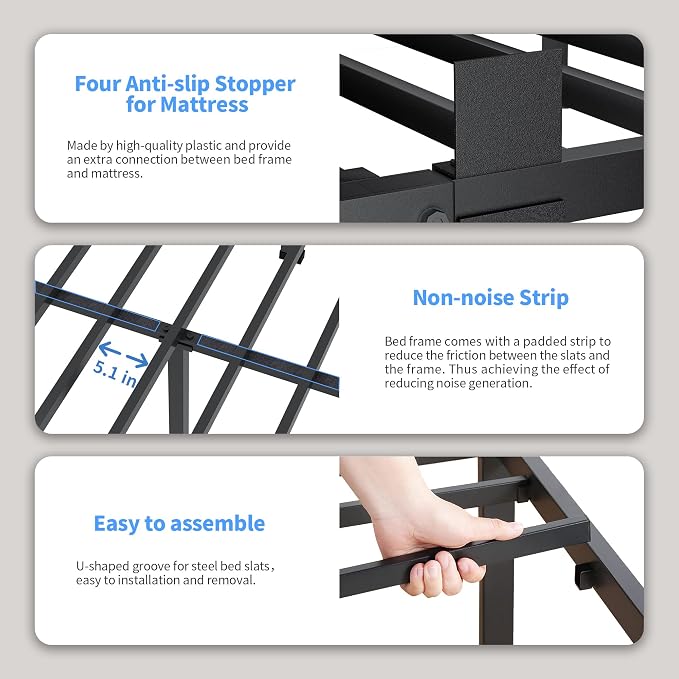 ROIL 16 Inch Full Bed Frame with Rounded Corner and Headboard Hole Mattress Retainers 3500LBS Metal Heavy Duty Steel Slats No Box Spring Needed Platform Noise-Free Easy Assembly