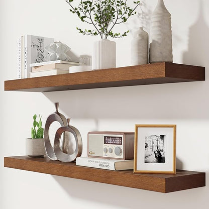 fuqing Rustic Floating Shelves for Wall, 36 Inch Floating Shelves Set of 2, Solid Dark Wood Wall Shelves for Living Room Bedroom Bathroom