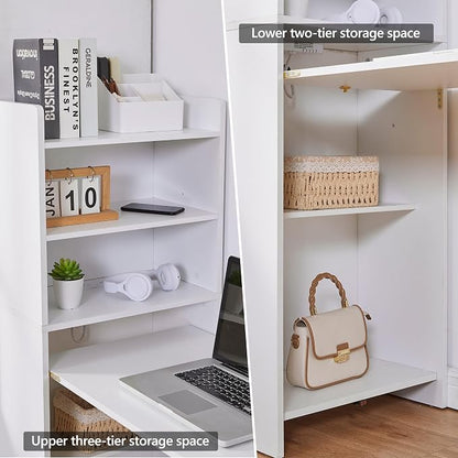 Foldable Desk with Storage,Hidden Desk with Built-in Socket,Fold Out Writing Table for Small Spaces,Home Office and Bedroom (White)