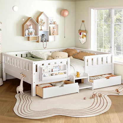 Bellemave Queen Size Kids Montessori Bed with Stairs and Bookshelf,Solid Wood Queen Size Kids Bed Frame with Drawers and Storage for Girls Boys,Low-Profile,White