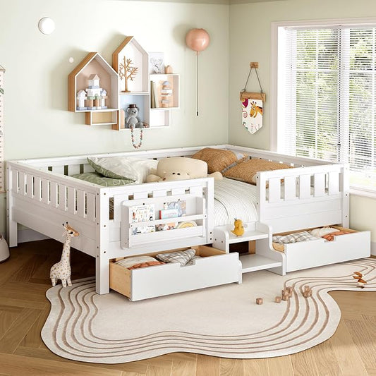 Bellemave Queen Size Kids Montessori Bed with Stairs and Bookshelf,Solid Wood Queen Size Kids Bed Frame with Drawers and Storage for Girls Boys,Low-Profile,White