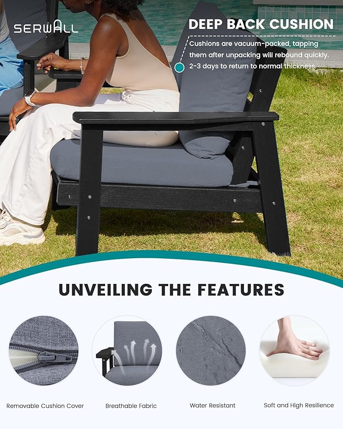 SERWALL HDPE Outdoor Patio Loveseat, All Weather Wood-Like Outdoor Sofa HDPE Outdoor Furniture, Black Frame and Grey Cushion