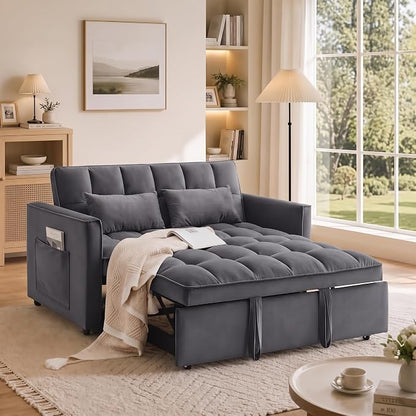 54'' Sleeper Sofa Bed, Convertible Pull Out Couch Futon with Side Pockets, Velvet Loveseat Sofa Bed with Adjustable Backrest, Armrest Pillows for Living Room Dorm Apartment, Dark Gray