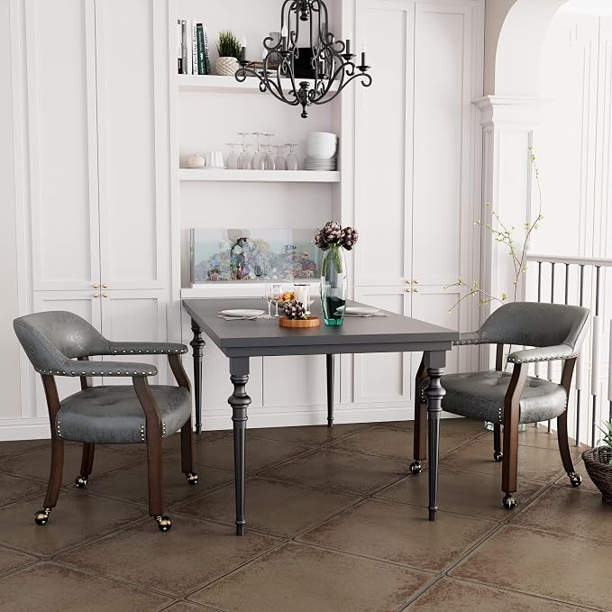 LEEMTORIG Set of 2 Dining Chairs with Casters and Arms, Rolling Dining Chairs with Wheels for Elderly, Ergonomic Wide Seat Wooden Office Chair, 26" Dx25.2 W, Cherry Legs&Dark Grey Fabric SY-1533-GY