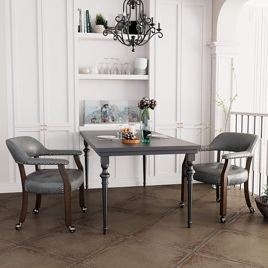 LEEMTORIG Set of 2 Dining Chairs with Casters and Arms, Rolling Dining Chairs with Wheels for Elderly, Ergonomic Wide Seat Wooden Office Chair, 26" Dx25.2 W, Cherry Legs&Dark Grey Fabric SY-1533-GY