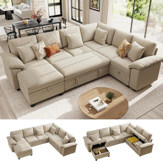 Ihanherry 108" Modular Sectional Sofa with Pull Out Bed, 7-Seater L Shaped Sectional Sleeper Couch with Storage, Chenille Convertible Couches for Living Room, Apartment (Sand)