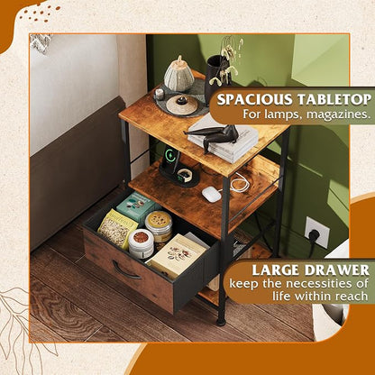 WLIVE Night Stand with Charging Station, LED Nightstand with Fabric Drawer and Open Shelf, Small Bedside Table for Bedroom, Dorm, Small Space, Rustic Brown