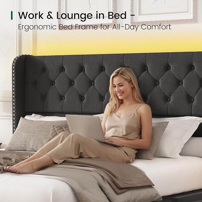 LARMACE King Size Bed Frame with LED Lights and 4 Storage Drawers Linen Upholstered Platform Bed Frame with 47.2" Tall Tufted Headboard Wingback, No Box Spring Needed, Easy to Assemble, Dark Grey