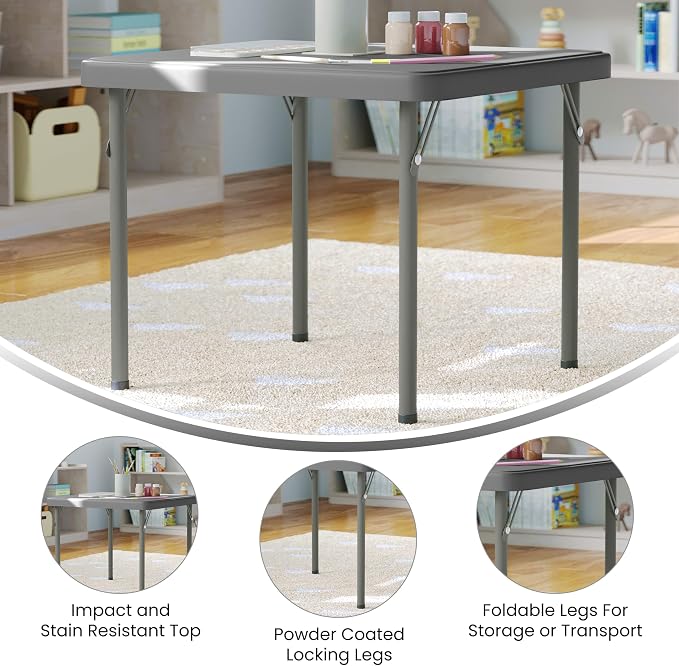 Flash Furniture Paige 24x24 Kids Folding Table with Locking Legs, Commercial Grade Table Recommended for Ages 2-4 in Granite Gray