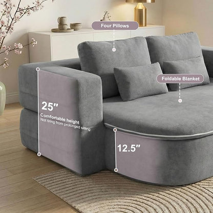 75" Boneless Couch Bed,Fold Up Sleeper Sofa for Adults, Memory Foam Floor Couch with 4 Pillows & Blanket, No Assembly Foldable Guest Bed for Apartment,Living Room