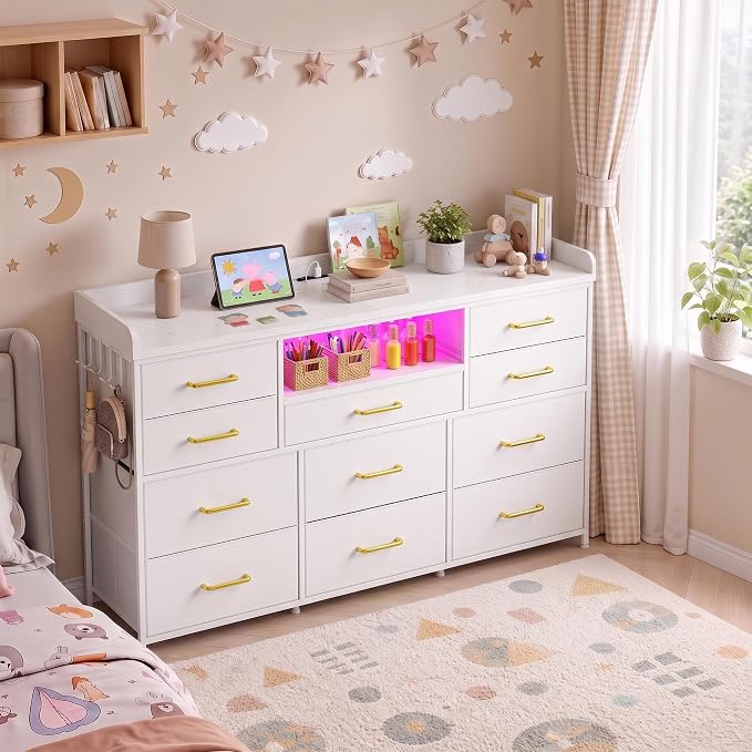 Bepatio LED Dresser for Bedroom with 11 Drawers,Power Strip,4 Hooks,White | Stylish Dressers & Chests of Drawers with 2 Wood Storage Shelves, TV Stand for 50/55/60 Inch TVs, Sturdy Metal Frame