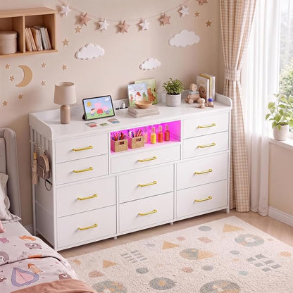 Bepatio LED Dresser for Bedroom with 11 Drawers,Power Strip,4 Hooks,White | Stylish Dressers & Chests of Drawers with 2 Wood Storage Shelves, TV Stand for 50/55/60 Inch TVs, Sturdy Metal Frame