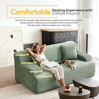 VINGLI 72" W Boneless Loveseat Sofa, Cloud Corduroy Couch in a Box, Compressed Deep Seat Sofa with 10.6" Wide Curved Armrests, Easy Assembly Required for Living Room, Apartments & Office, Green