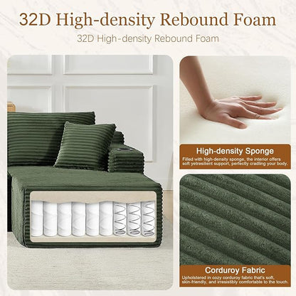 125" Modular Sectional Sleeper Sofa, Boneless Cloud Couch for Living Room, U Shaped 5 Seat Sofa with 2 Storage Pockets& 2 Cup Holders, Free Combination, No Assembly Required (Green, 125")
