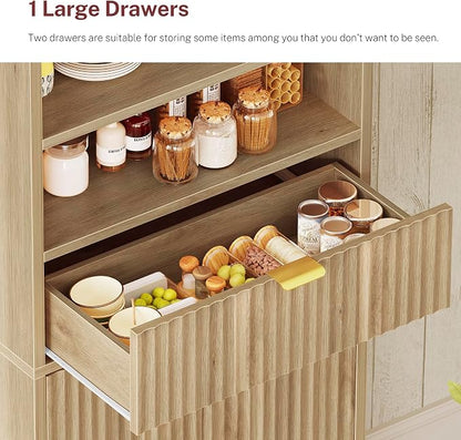 TEENFON Tall Storage Cabinet with Adjustable Shelf & Drawer, Fluted Cabinet with Doors, Kitchen Pantry Cabinets, Bathroom Storage Cabinets, for Living Room, Entryway, Home Office, Natural