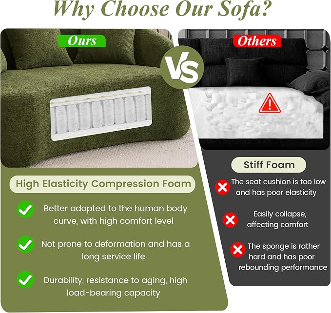 66" Curved Loveseat Sofa for Small Space, Boneless Chenille Boucle Cloud Couch, Luxury Extra High Back & Deep Seat, Oversized Comfort with No Assembly Required for Office, Dorm (Green)