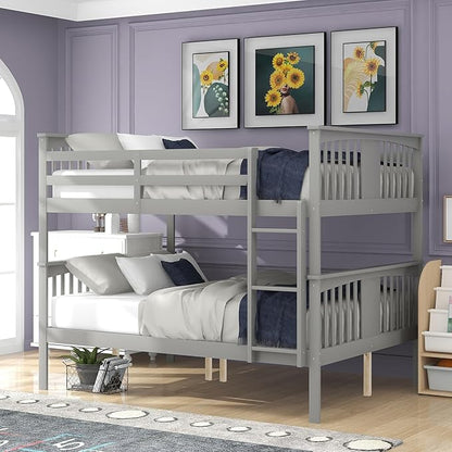 Merax Full Over Full Bunk Bed Convertible to Two Separate Beds, Solid Pine Wood Frame with Safety Guardrail & Headboard/Footboard, Sturdy Durable Design, for Teens/Adults, No Box Spring Needed, Grey