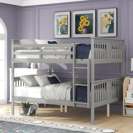 Merax Full Over Full Bunk Bed Convertible to Two Separate Beds, Solid Pine Wood Frame with Safety Guardrail & Headboard/Footboard, Sturdy Durable Design, for Teens/Adults, No Box Spring Needed, Grey