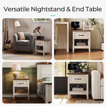 LINSY Night Stand 18.9" Farmhouse Wood Night Stand with Type-C Charging Station Open Storage Shelf Nightstands with Drawer Side Table End Table for Bedroom Living Room Sofa Couch Office Beige
